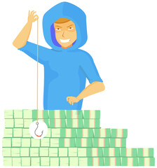 Cartoon thief sitting near big money stack. Man stealing carefully, bandit attacks money. Funny burglar isolated on white background. Dangerous criminal thief puts banknotes on hook to steal