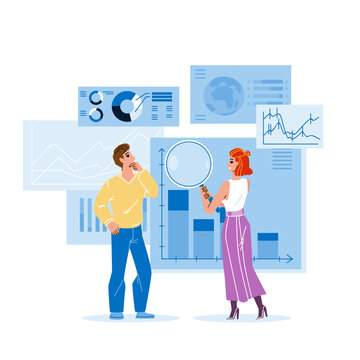 Man And Woman Managers Data Monitoring Vector. Boy And Girl Workers Internet Or Financial Data Monitoring Together. Characters Researching Finance Chart And Infographic Flat Cartoon Illustration