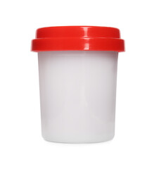 Plastic container of colorful play dough isolated on white