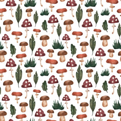 Mushrooms, watercolor seamless pattern. Forest design elements.