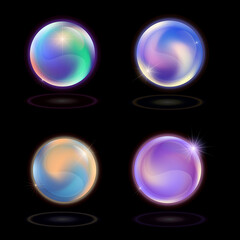Glowing colorful magic spheres set on a black background. Vector illustration.