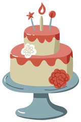 Simple minimalistic flat illustration of two layered beige tower cake on high blue plate with candle, white flower, red glaze and lollipops round and star shaped