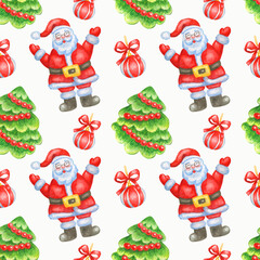 Watercolor seamless holiday pattern with santa claus,christmas tree and christmas toy isolated on white background.Perfect for wrapping paper,package design and prints.