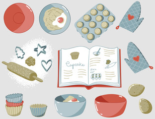 Simple flat illustration of cooking process with bowls, eggs, flour, cookbook, gloves, rolling pin with cut forms for cookies in the shapes of heart, star, tree, cups and baking form for cupcakes