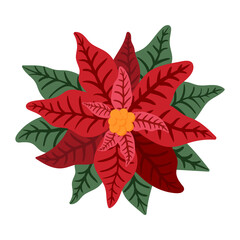Red Poinsettia star flower and leaf Christmas or New Year decoration vector illustration isolated on white background for greeting card design, web site page, mobile app design.