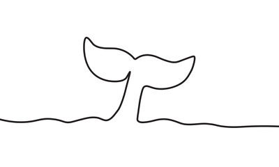 Whale or dolphin tail diving into the water. One line art vector illustration
