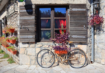 Fototapeta na wymiar Bicycle with flowers near wooden window at the street