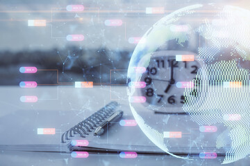 Multi exposure of world map drawings and desk with open notebook background. Concept of globolization