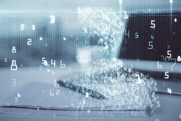 Multi exposure of data theme drawings and desk with open notebook background. Concept of education