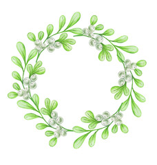 Hand drawn watercolor illustration.Mistletoe wreath.