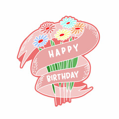 Happy birthday greeting card with flowers and ribbon. Festive vector illustration. Congratulation card.
