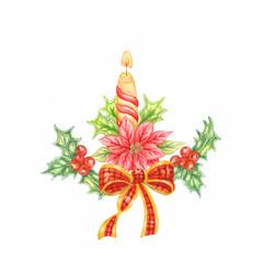 Hand painted watercolor christmas illustration.Decorative christmas candle with holly and red bow.Use for christmas greeting card,design.
