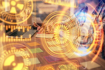 Double exposure of woman hands typing on computer and technology theme drawing. High Tech concept.