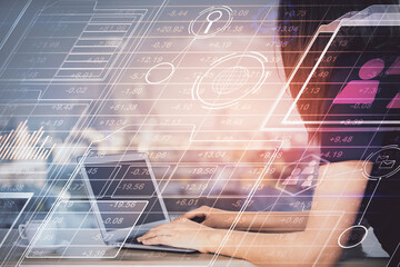Multi exposure of woman hands working on computer and data theme hologram drawing. Tech concept.