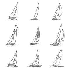 Set of simple vector images of sailing yachts with triangular sails on waves drawn in line style. - 472401329