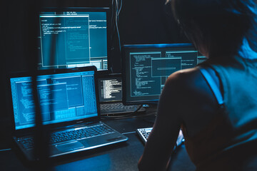 Software developer freelancer woman female  work with program code on wide displays at night...