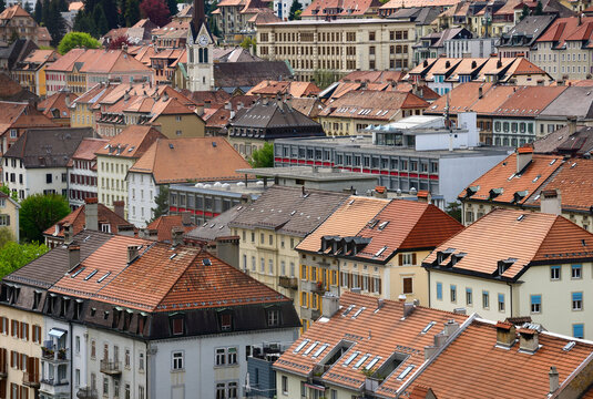 Aerial view of La Chaux-de-Fonds city, UNESCO World Heritage, centre of the watch making industry in the area known as Watch Valley, famous also for its urban concept, Neuch&acirc;tel, Switzerland
