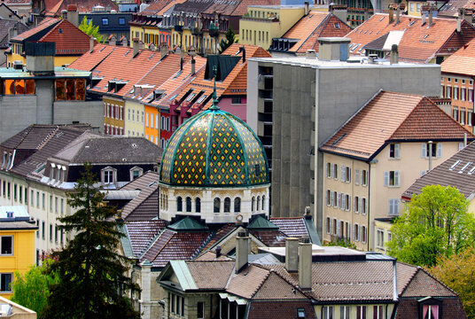 Geometrically designed city of La Chaux-de-Fonds, in front cupola of Synagogue, UNESCO World Heritage, city known for watch-making industry and its urban concept, Watch Valley, Neuch&acirc;tel, Switzerland