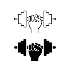 Hand holding dumbbell icon vector illustration set. Gym sport fitness equipment pictogram on white background