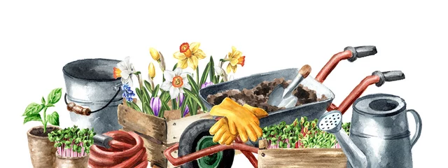 Tuinposter Garden tools, garden center concept, Hand drawn watercolor illustration, isolated on white background © dariaustiugova