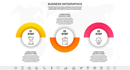 Vector flat infographic template with three circles, elements, sectors. Modern designed for business, presentations, timeline, web design, banner, levels, chart, interface 3 step diagrams