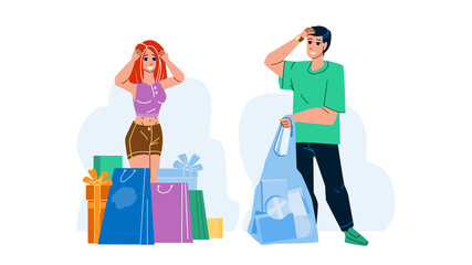 Shopping Habits Of Customers Man And Woman Vector. Clients Boy And Girl Buying Presents For Christmas Or Birthday Celebrative Event, Shopping Habits And Process. Characters Flat Cartoon Illustration