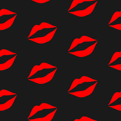 Red kissing lips on black background seamless pattern. Best for textile, print, wrapping paper, package and festive decoration.