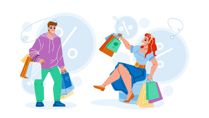Fototapeta na wymiar Shopping Offer And Discount For Clients Vector. Young Man And Woman Customers Making Purchases With Special Shopping Offer. Characters Store Seasonal Sales Flat Cartoon Illustration