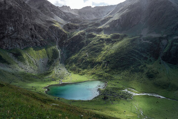 Mountain lake Zaprudnoye, tourist resort Arkhyz.