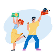 Shopping Reward Getting Couple Customers Vector. Young Man And Woman Clients Holding Shopping Reward Card Gift Decorated Celebrative Ribbon With Bow. Characters Shop Award Flat Cartoon Illustration
