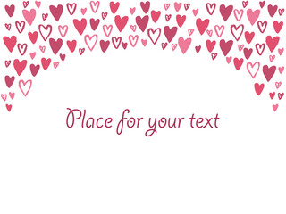 Vector illustration, cute hearts background with place for your text. Rectangular template for Valentines day design. Frame with hand drawn little hearts for banners, cards, invitations