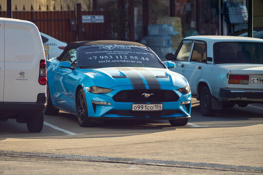 Blue Mustang Car With Rental Banner. Russia, Sochi November 2021.