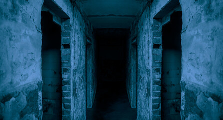 Messy corridor interior with lights and doorway. Dark corridor with doors . light in darkness.