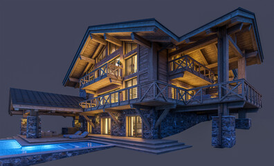 3d rendering of modern cozy chalet with pool and parking for sale or rent. Massive timber beams columns. In the night. Isolated on black