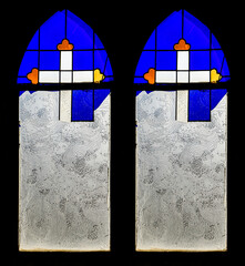 Photo, image of a stained glass window. broken Stained glass window with christianity catholic...
