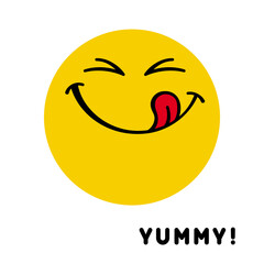 Yummy smile emoticon, happy smiling face while tasting delicious food. Cartoon style vector illustration, isolated on white.