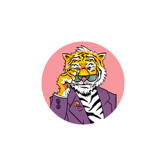 Tiger in the purple jacket. Avatar icon, t-shirt composition. Hand drawn art. Vector illustration.