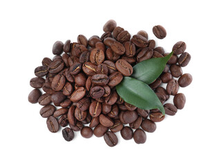 Pile of roasted coffee beans with fresh leaves on white background, top view