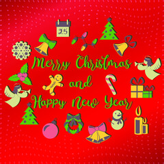 Merry Christmas and Happy New Year greeting card with lettering and gradient background