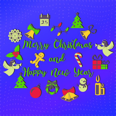 Merry Christmas and Happy New Year greeting card with lettering and gradient blue background