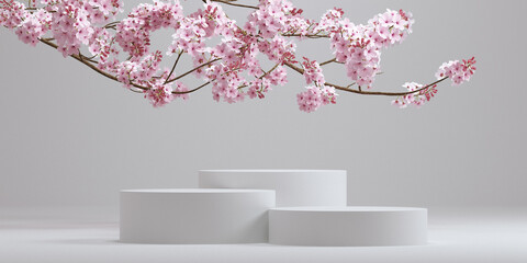 Cosmetic background. japanese style podium and cherry blossom white background for product presentation. 3d rendering illustration. © allme3d