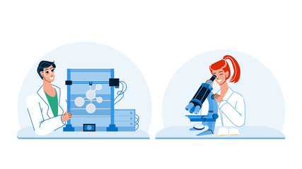 Student Science Work And Research In Lab Vector. Young Girl Student Science Looking At Microscope And Boy Teen Working With Laboratory Researchment Equipment. Character Flat Cartoon Illustration