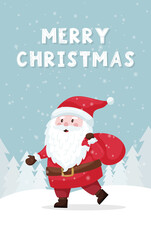 Christmas card with Santa carrying a bag of gifts on the background of a winter forest landscape. Hand lettering - Merry Christmas. Cute flat cartoon character. Color vector illustration