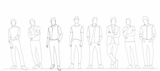 men stand one continuous line drawing, vector, isolated