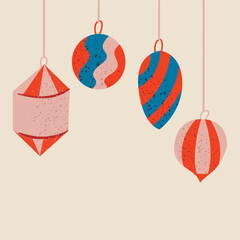 Merry christmas card with hand drawn balls. Christmas tree decorations. Vector illustration in retro style. Holiday greeting card