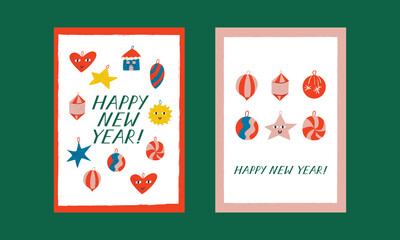 Cute holiday greeting cards with stars, balls, hearts. Lettering happy new year. Vector colorful illustration