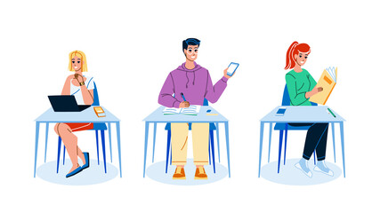 University Students In Classroom Studying Vector. Students In Classroom Reading Book, Using Smartphone And Laptop For Searching Study Information In Internet. Characters Flat Cartoon Illustration