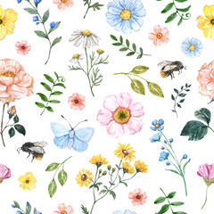 Watercolor floral seamless pattern on white background. Cute hand painted wildflowers, bees, butterfly, leaves. Botanical print. - 472406743