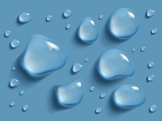 Drops of water on a blue background. Vector realistic image