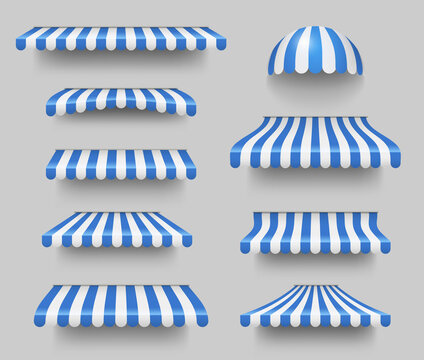 Blue and white sunshade. Outdoor awnings for cafe and shop window isolated vector set